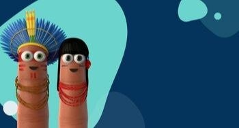 TRE-MA Publicação indígena Imagem em formato 350 por 188 pixels que mostra dois dedoches da biometria vestidos de índios